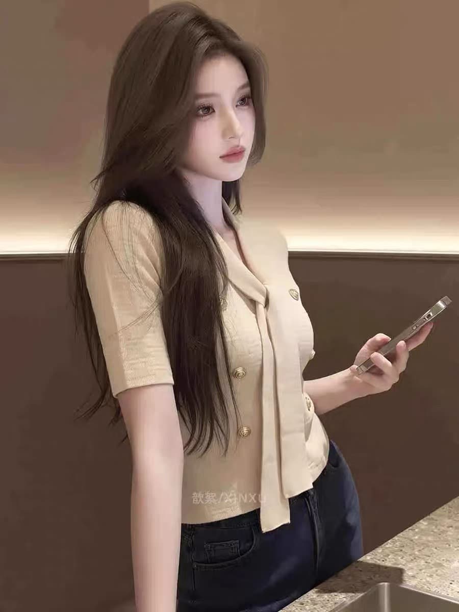 한국 스타일 살구 색상 니트 스웨터 여성 2026 여름 새로운 몸매 가꾸기 레이스업 패션 개성 Chic 작은 대중 연령 감소 맨위 상세 이미지 5