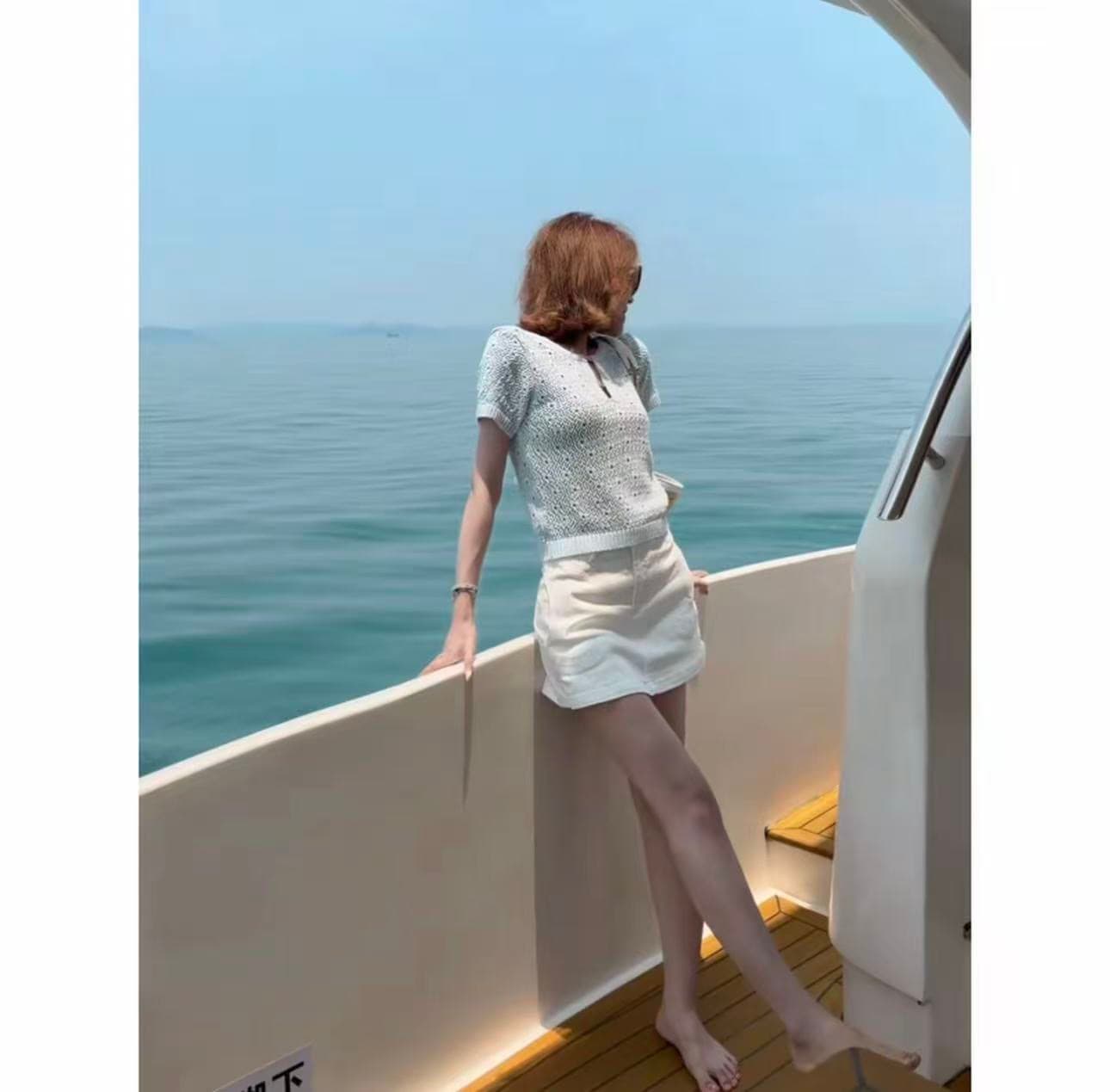 프랑스식 작은 샤넬 스타일 홀로우 아웃 반팔 니트 스웨터 여성 여름 새로운 하이웨이스트 반신 치마 세트 이미지 3