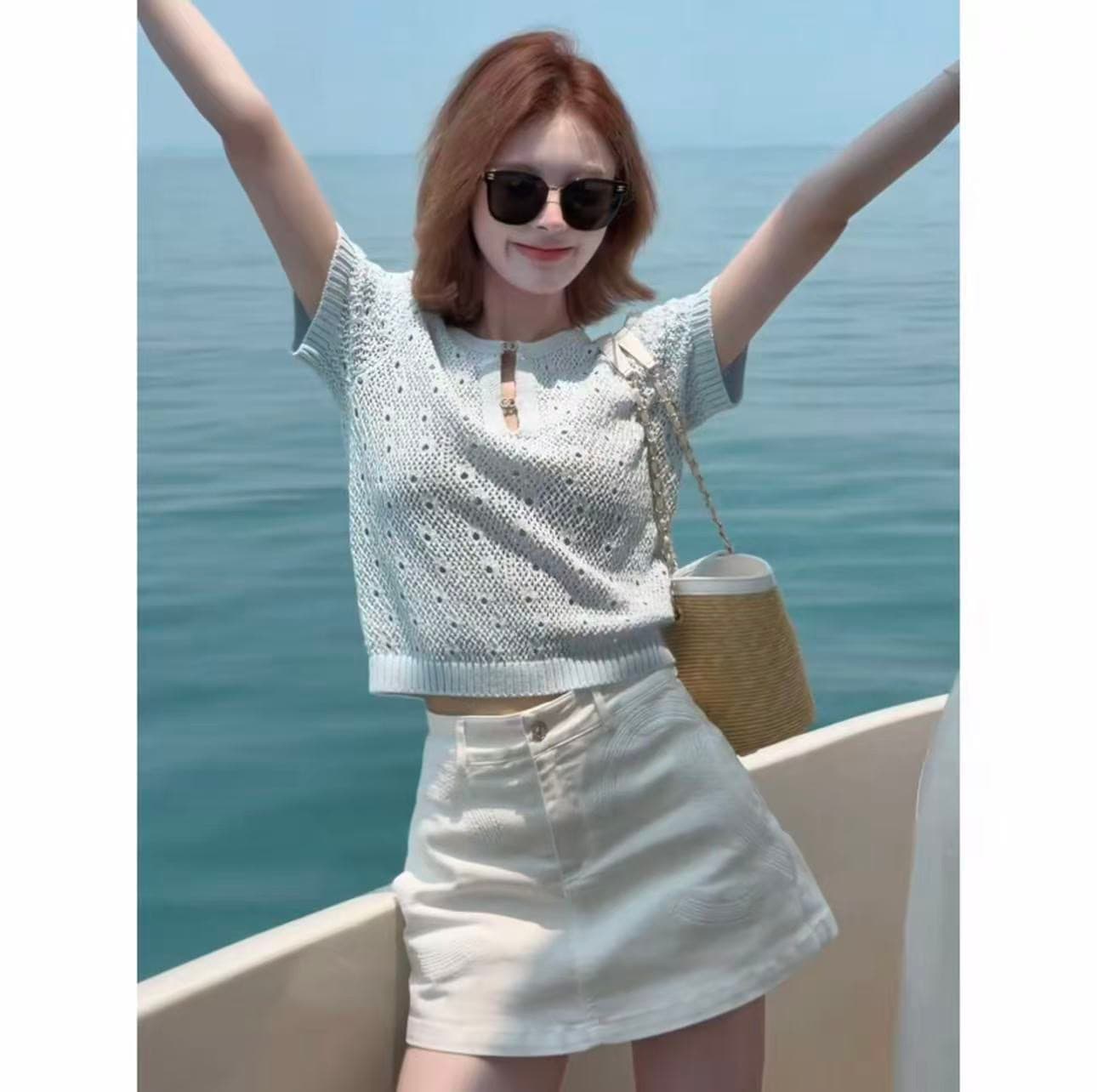 프랑스식 작은 샤넬 스타일 홀로우 아웃 반팔 니트 스웨터 여성 여름 새로운 하이웨이스트 반신 치마 세트 상세 이미지 2