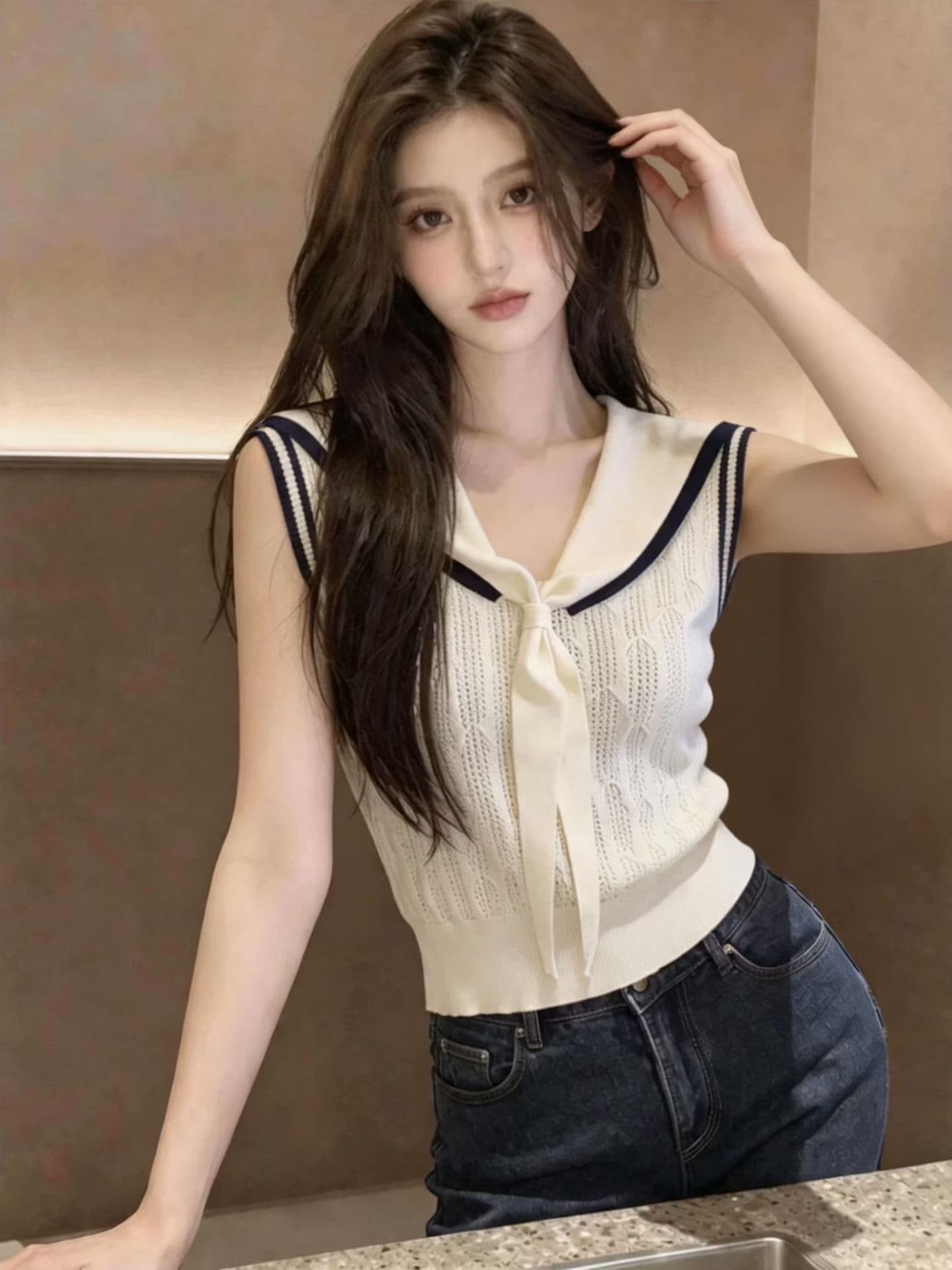 프랑스식 해군 칼라 V넥 니트 반팔 티셔츠 여성 여름 배색 민소매 조끼 몸매 가꾸기 숄 맨위 상세 이미지 1
