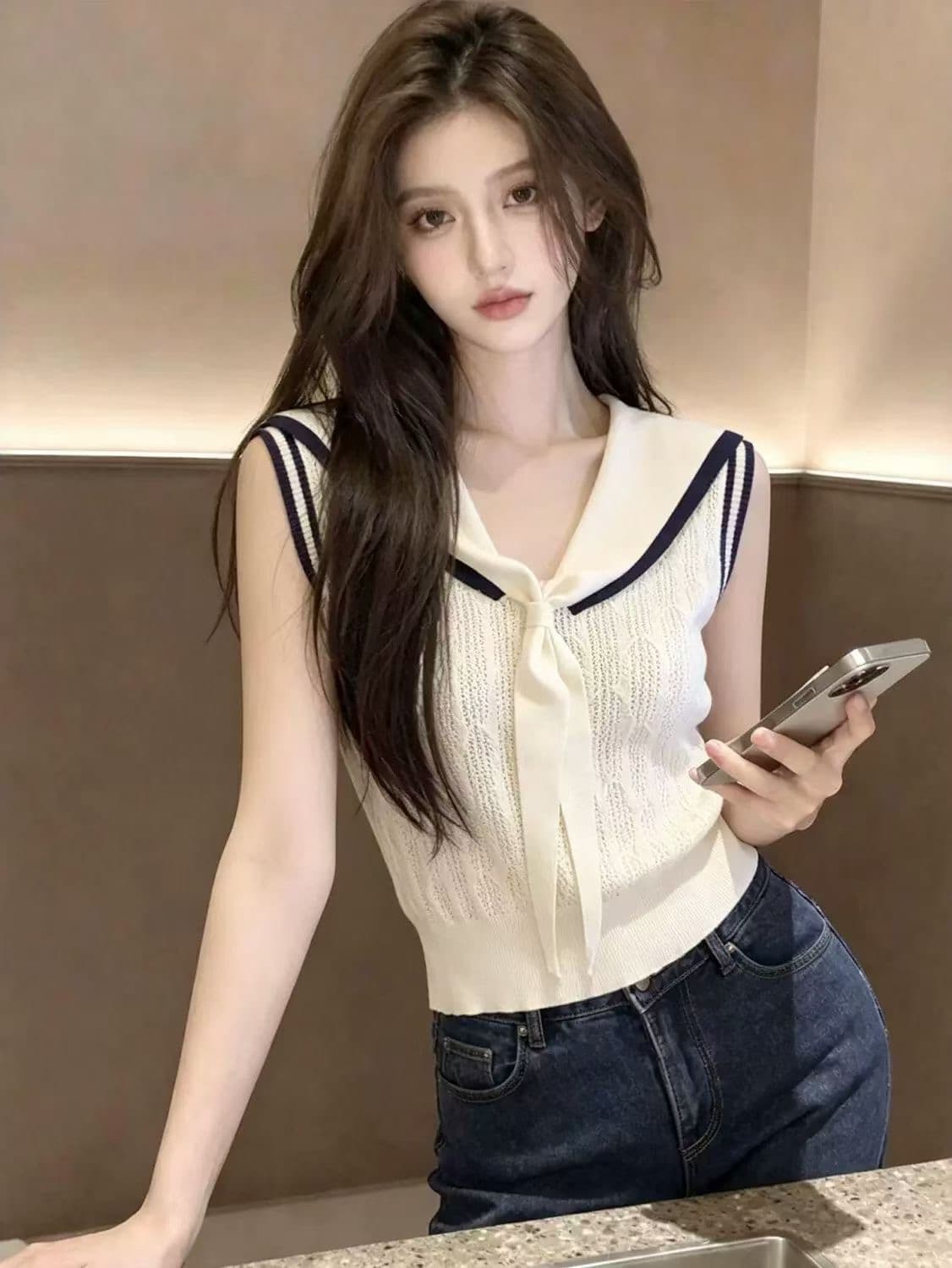 프랑스식 해군 칼라 V넥 니트 반팔 티셔츠 여성 여름 배색 민소매 조끼 몸매 가꾸기 숄 맨위 상세 이미지 2