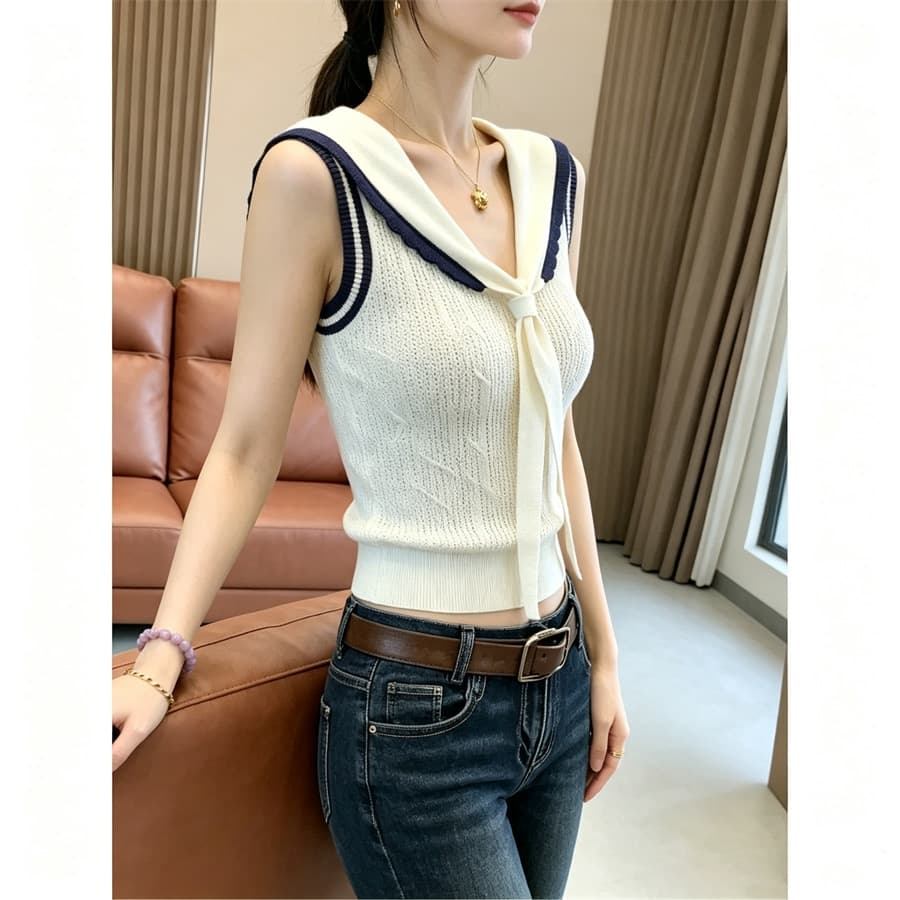 프랑스식 해군 칼라 V넥 니트 반팔 티셔츠 여성 여름 배색 민소매 조끼 몸매 가꾸기 숄 맨위 상세 이미지 8