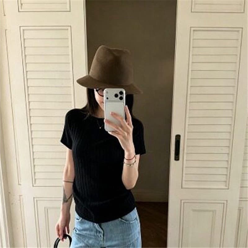 한 부서 고급 센스 반팔 라운드 넥 니트 스웨터 여성 여름 작은 키 몸매 가꾸기 허리 수축 슬림해 보이는 쇼트 스타일 인사이드 잡아라. 의류 이미지 5