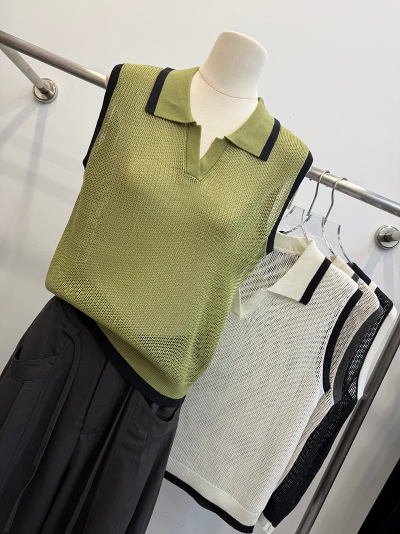 배색 POLO 칼라 민소매 니트 조끼 여자 여름 홀로우 아웃 통기성 얼음 실크 조끼 루즈핏 레트로 겨자 녹색 상세 이미지 3
