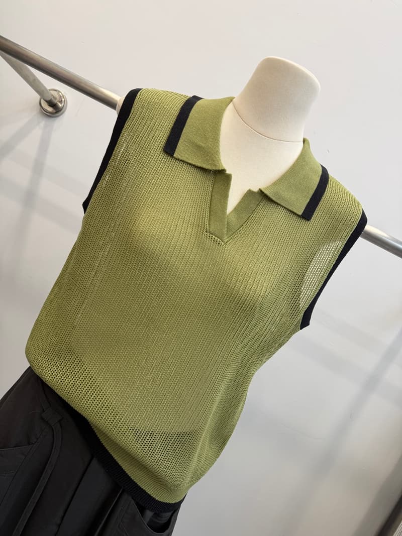 배색 POLO 칼라 민소매 니트 조끼 여자 여름 홀로우 아웃 통기성 얼음 실크 조끼 루즈핏 레트로 겨자 녹색 상세 이미지 5