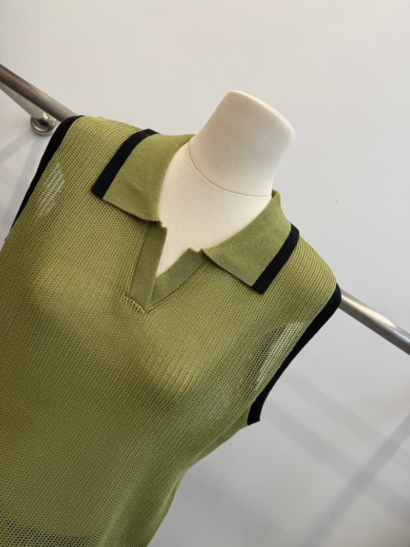 배색 POLO 칼라 민소매 니트 조끼 여자 여름 홀로우 아웃 통기성 얼음 실크 조끼 루즈핏 레트로 겨자 녹색 상세 이미지 6