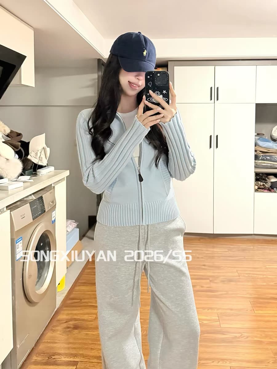 송 보여주기 妍 seniors 작은 청신 파란색 스탠드 칼라 구덩이 기사 지퍼 니트 오픈 가디건 캐주얼 다용도 스웨터 코트 이미지 4