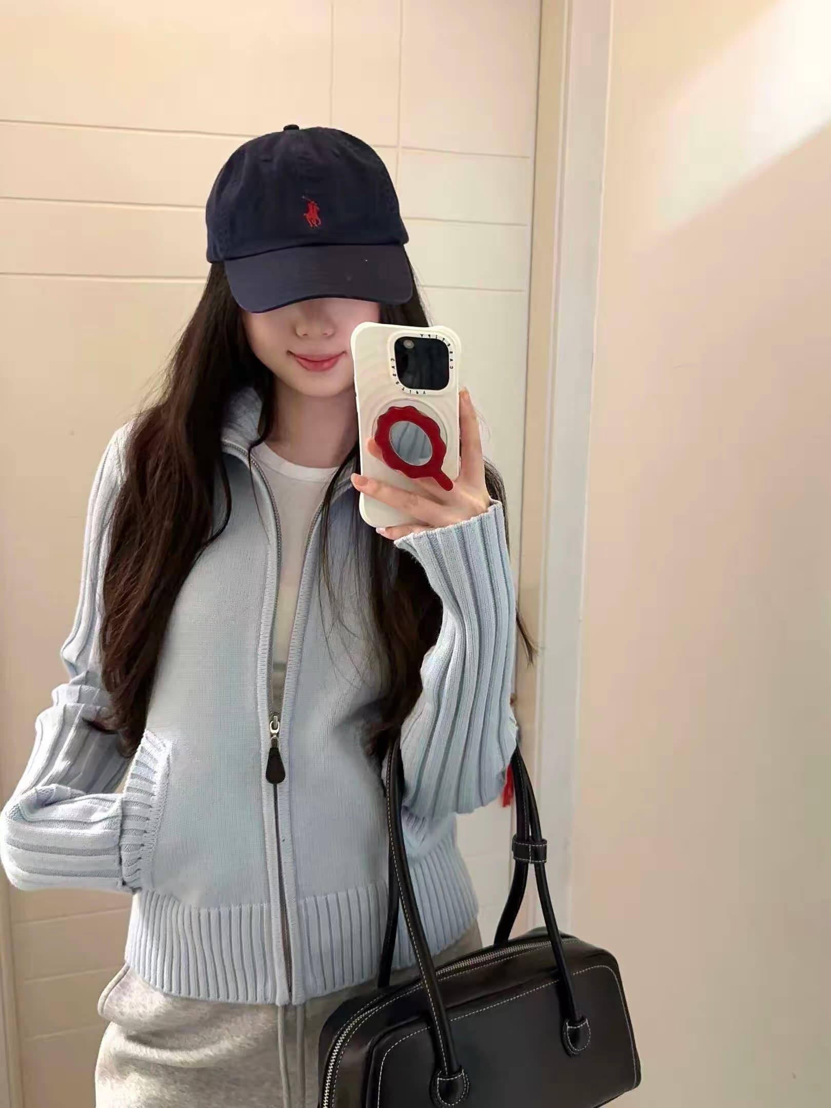 송 보여주기 妍 seniors 작은 청신 파란색 스탠드 칼라 구덩이 기사 지퍼 니트 오픈 가디건 캐주얼 다용도 스웨터 코트 이미지 3
