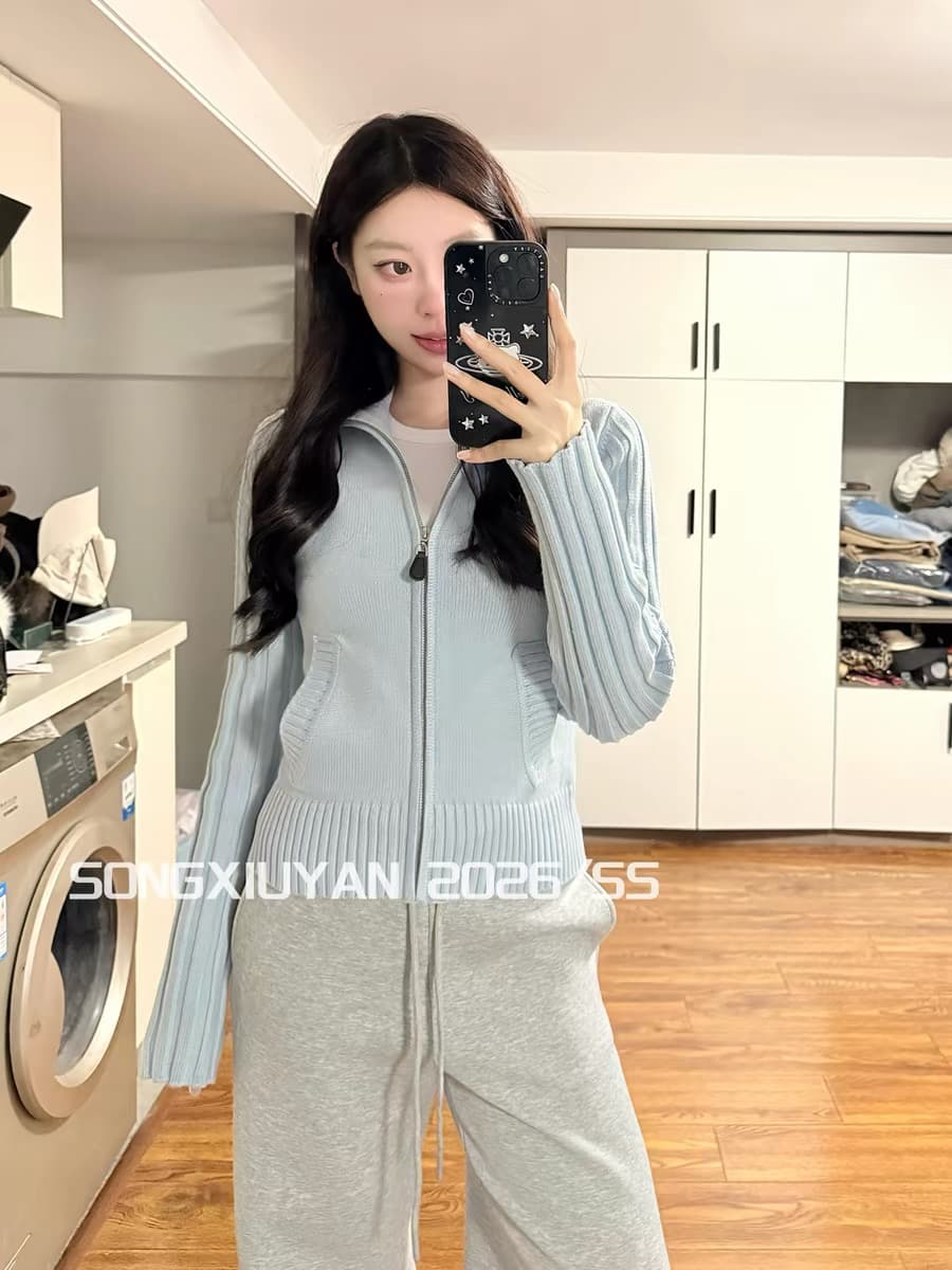 송 보여주기 妍 seniors 작은 청신 파란색 스탠드 칼라 구덩이 기사 지퍼 니트 오픈 가디건 캐주얼 다용도 스웨터 코트 상세 이미지 1
