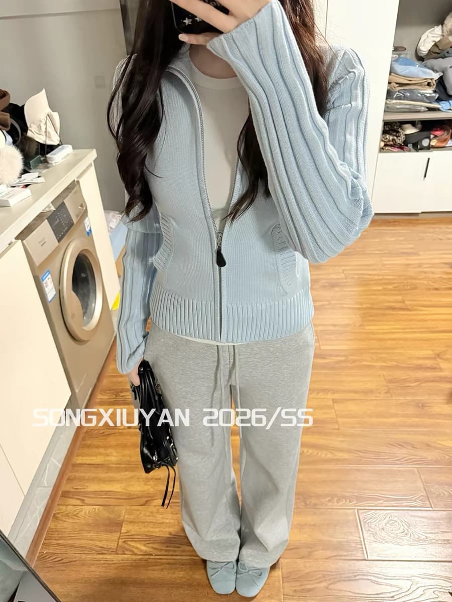 송 보여주기 妍 seniors 작은 청신 파란색 스탠드 칼라 구덩이 기사 지퍼 니트 오픈 가디건 캐주얼 다용도 스웨터 코트 상세 이미지 2