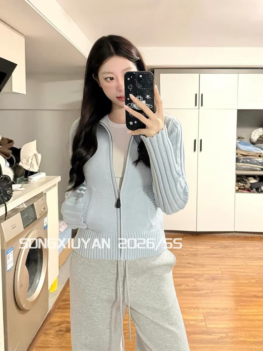 송 보여주기 妍 seniors 작은 청신 파란색 스탠드 칼라 구덩이 기사 지퍼 니트 오픈 가디건 캐주얼 다용도 스웨터 코트 상세 이미지 4