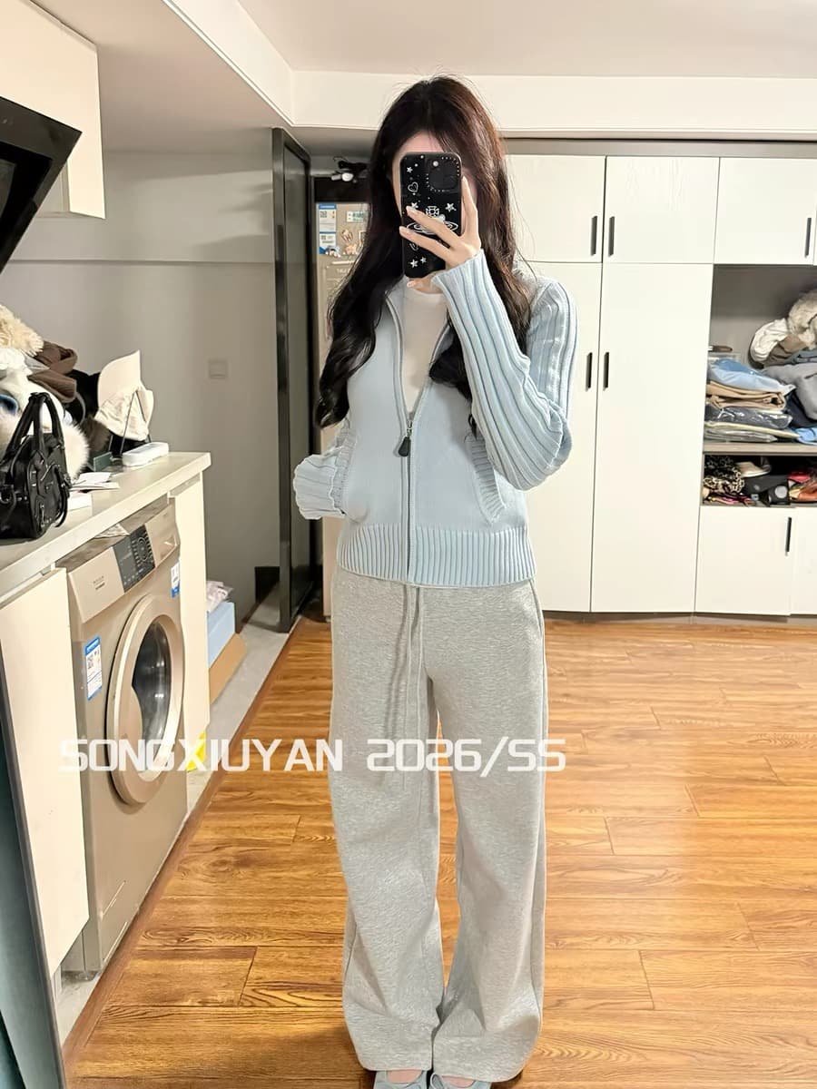 송 보여주기 妍 seniors 작은 청신 파란색 스탠드 칼라 구덩이 기사 지퍼 니트 오픈 가디건 캐주얼 다용도 스웨터 코트 상세 이미지 5
