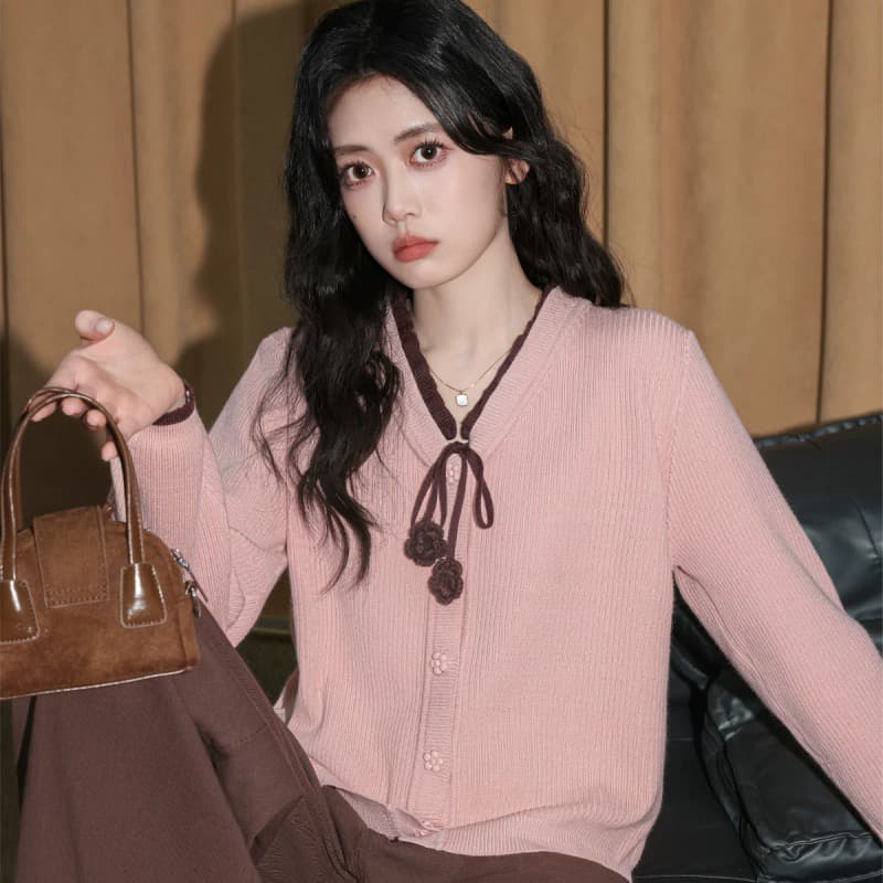 핑크색 페이크 레이어드 V넥 니트 오픈 가디건 여성 봄 가을 2026 새로운 배색 레이스업 스웨터 코트 쇼트 스타일 맨위 이미지 2