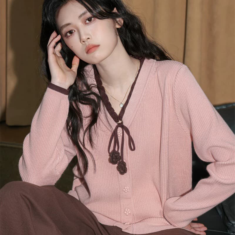 핑크색 페이크 레이어드 V넥 니트 오픈 가디건 여성 봄 가을 2026 새로운 배색 레이스업 스웨터 코트 쇼트 스타일 맨위 이미지 3