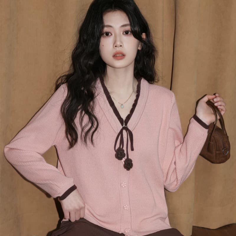 핑크색 페이크 레이어드 V넥 니트 오픈 가디건 여성 봄 가을 2026 새로운 배색 레이스업 스웨터 코트 쇼트 스타일 맨위 상세 이미지 1