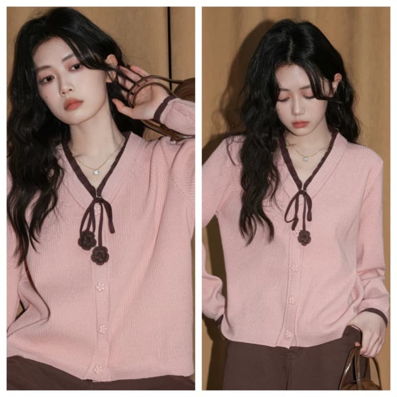 핑크색 페이크 레이어드 V넥 니트 오픈 가디건 여성 봄 가을 2026 새로운 배색 레이스업 스웨터 코트 쇼트 스타일 맨위 상세 이미지 5