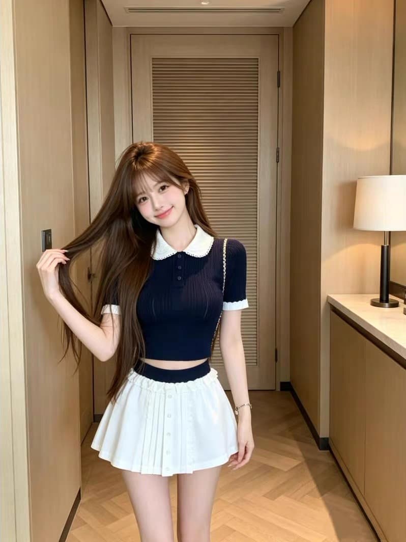 한 부서 레이스 베이비 칼라 니트 반팔 티셔츠 여성 여름 2026 새로운 배색 품격 몸매 가꾸기 슬림해 보이는 맨위 이미지 2