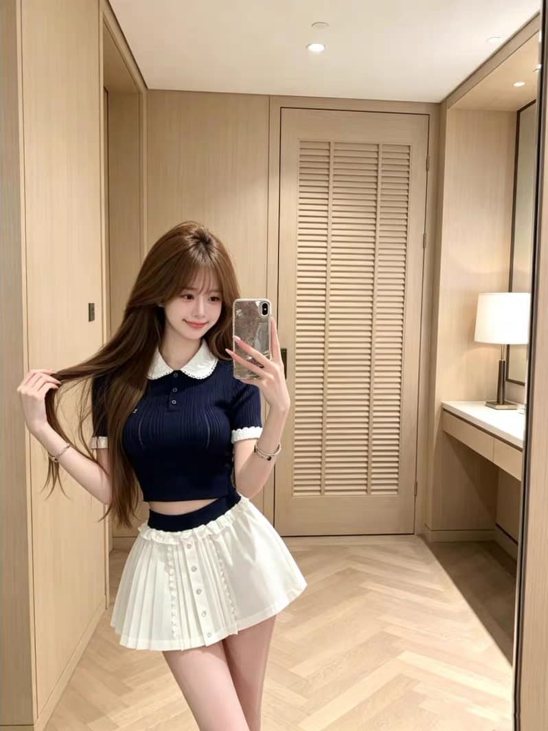 한 부서 레이스 베이비 칼라 니트 반팔 티셔츠 여성 여름 2026 새로운 배색 품격 몸매 가꾸기 슬림해 보이는 맨위 상세 이미지 4
