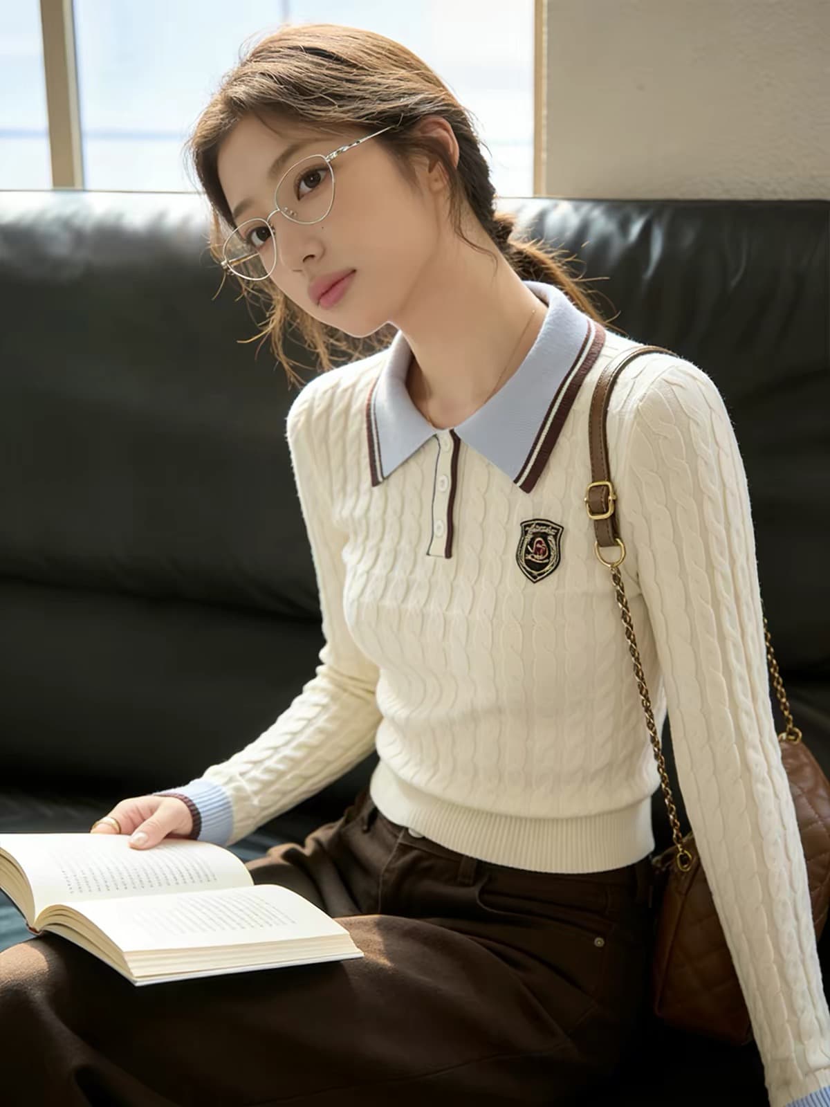 디자인 센스 한 부서 POLO 칼라 인사이드 가져 가라. 만나는 쇼트 스타일 니트 스웨터 여성 가을 겨울 몸매 가꾸기 꽈배기 스웨터 긴팔 맨위 상세 이미지 2