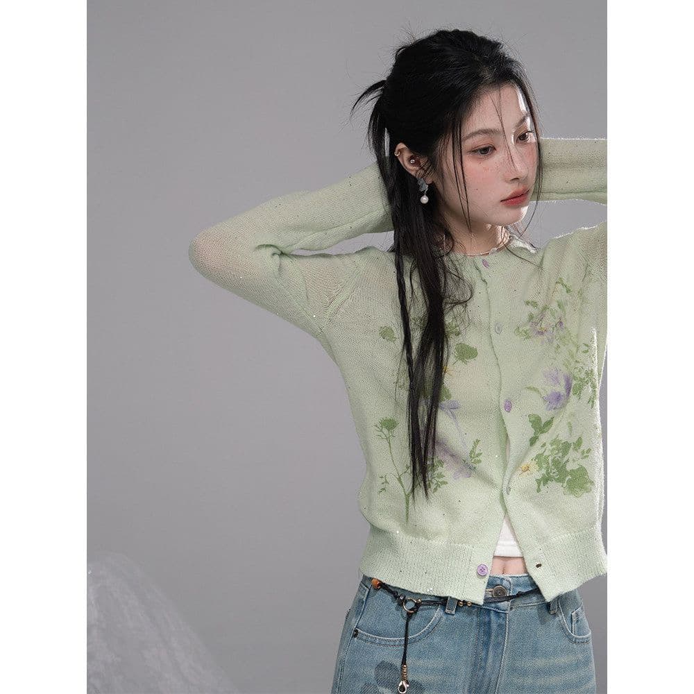 프랑스식 밝은 녹색 자카드 니트 오픈 가디건 여성 여름 로드 중 새로운 외부 가져 가라. 고유 한 아름다운 재킷 맨위 트렌디 이미지 2