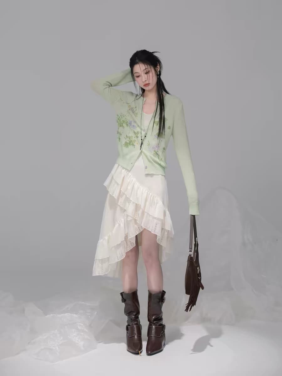 프랑스식 밝은 녹색 자카드 니트 오픈 가디건 여성 여름 로드 중 새로운 외부 가져 가라. 고유 한 아름다운 재킷 맨위 트렌디 이미지 4