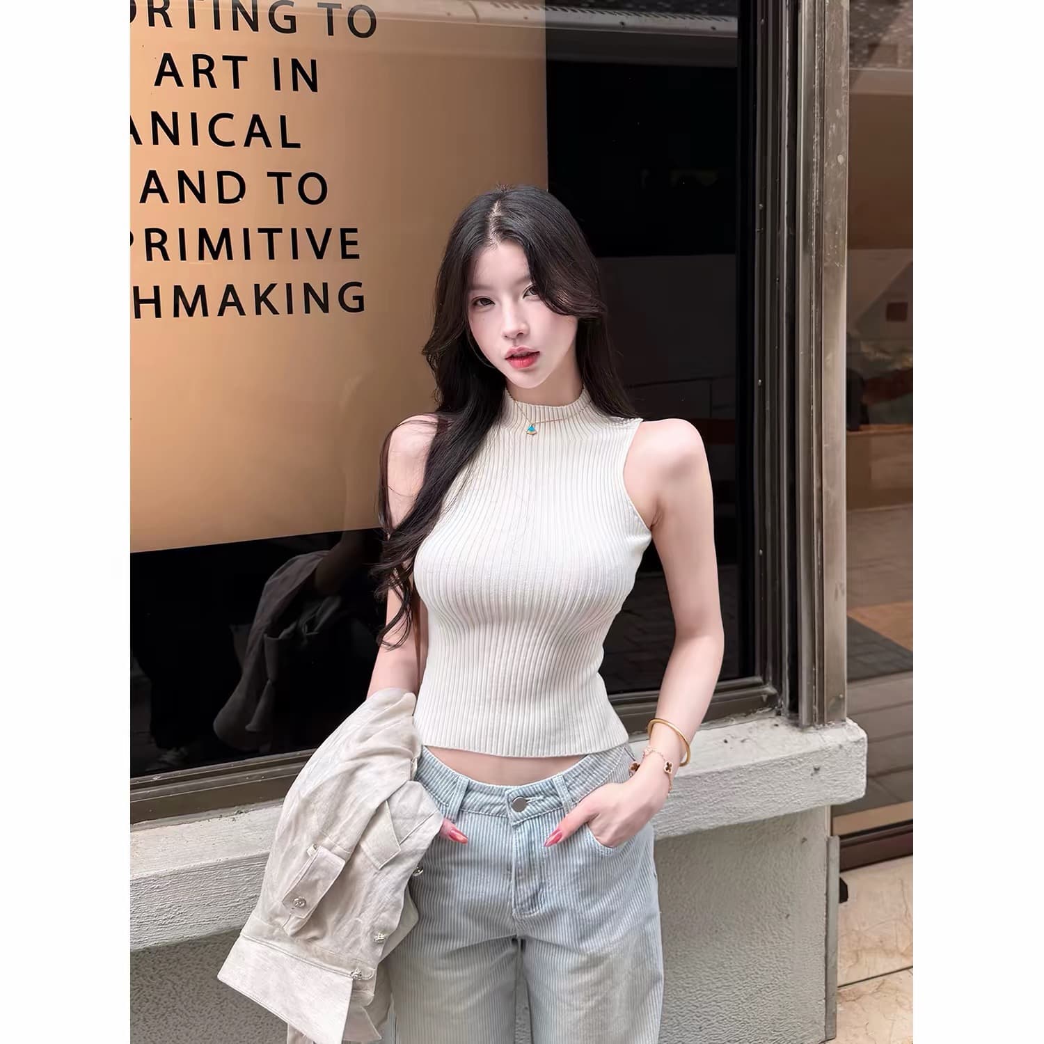 fart shop 바다 거리 일기 민소매 구덩이 기사 반하이넥 신축성 조끼 여성 허리 수축 쇼트 스타일 맨위 이미지 5