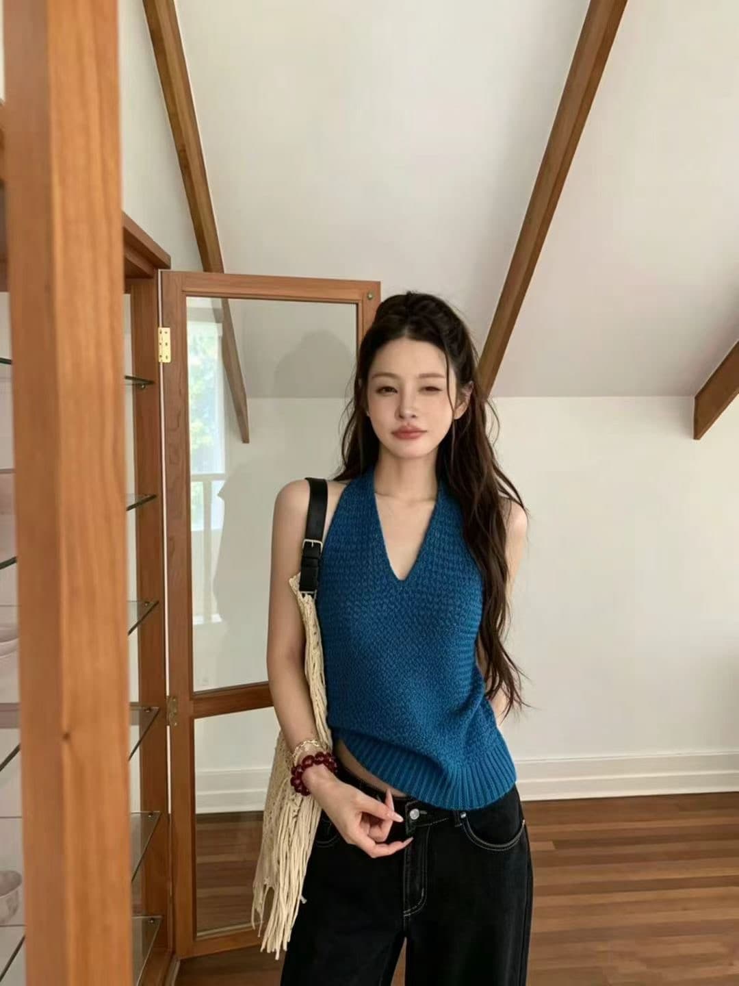 한국 스타일 순수한 욕망 바람 V넥 행침 목 니트 조끼 여성 여름 새로운 몸매 가꾸기 슬림해 보이는 외출용 민소매 쇼트 스타일 맨위 상세 이미지 18