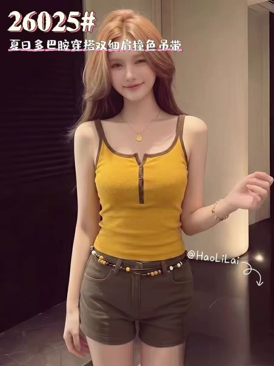 도파민 하프 단추 배색 녹색 캐미솔 여름 몸매 가꾸기 슬림해 보이는 핫걸 외출용 민소매 맨위 트렌디