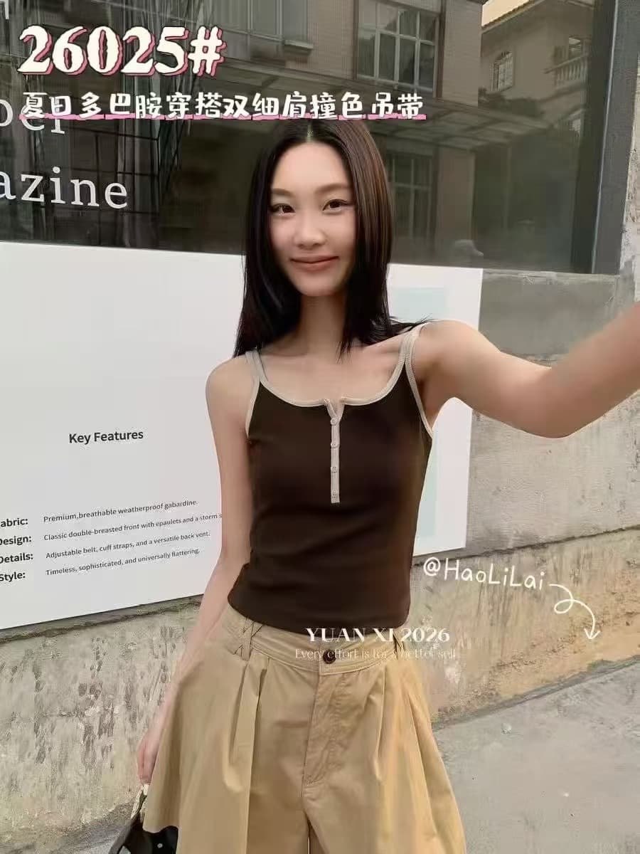 도파민 하프 단추 배색 녹색 캐미솔 여름 몸매 가꾸기 슬림해 보이는 핫걸 외출용 민소매 맨위 트렌디 상세 이미지 8