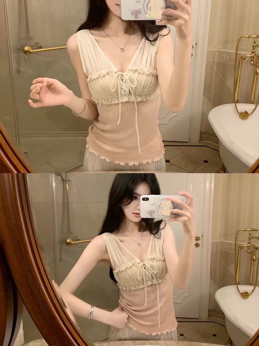 famouswang 여름 낭만주의 중년 센스 레트로 프랑스식 하프 ~을 통해 패치워크 보다 작은 서울 니트 캐미솔 이미지 3