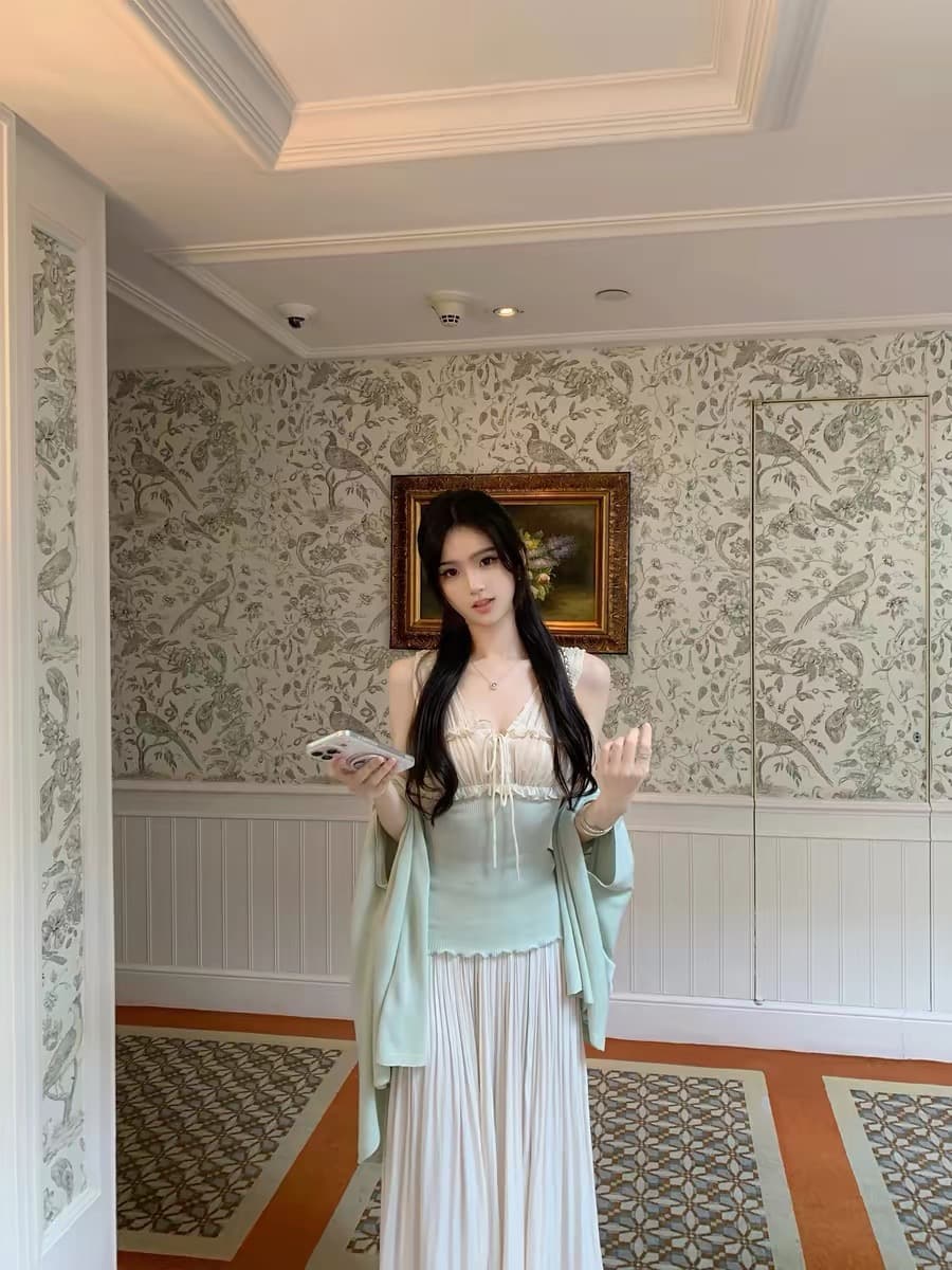 famouswang 여름 낭만주의 중년 센스 레트로 프랑스식 하프 ~을 통해 패치워크 보다 작은 서울 니트 캐미솔 상세 이미지 1
