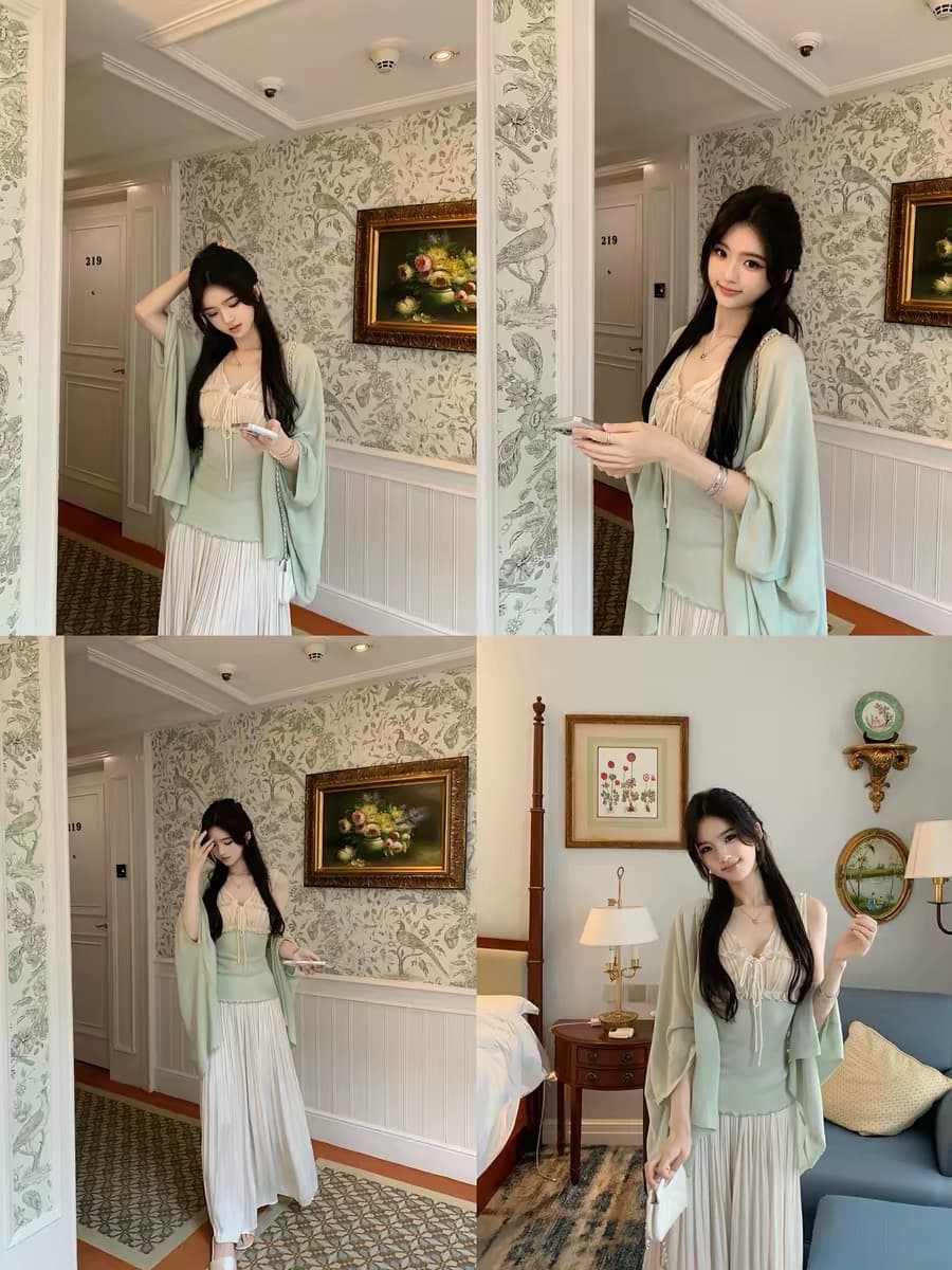 famouswang 여름 낭만주의 중년 센스 레트로 프랑스식 하프 ~을 통해 패치워크 보다 작은 서울 니트 캐미솔 상세 이미지 4