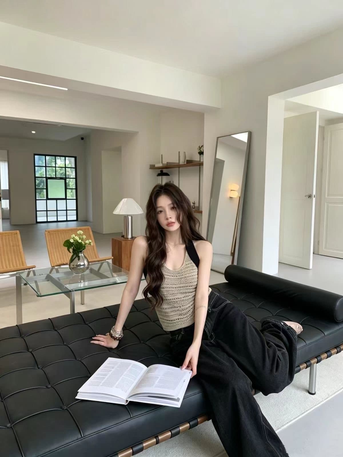 배색 핫걸 바람 행침 목 민소매 캐미솔 여름 새로운 홀로우 아웃 패션 다용도 쇼트 스타일 니트 맨위 상세 이미지 7