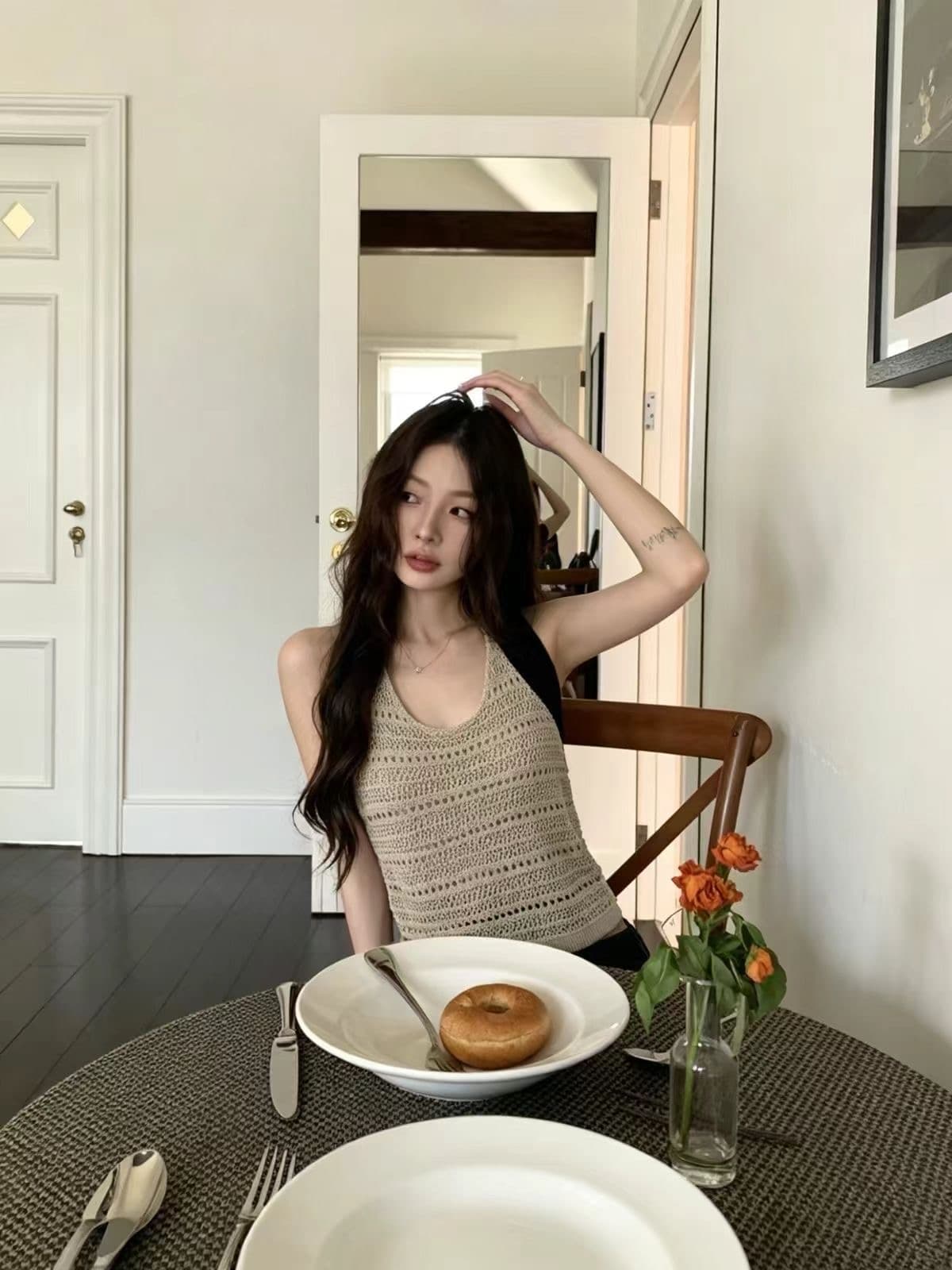 배색 핫걸 바람 행침 목 민소매 캐미솔 여름 새로운 홀로우 아웃 패션 다용도 쇼트 스타일 니트 맨위 상세 이미지 8