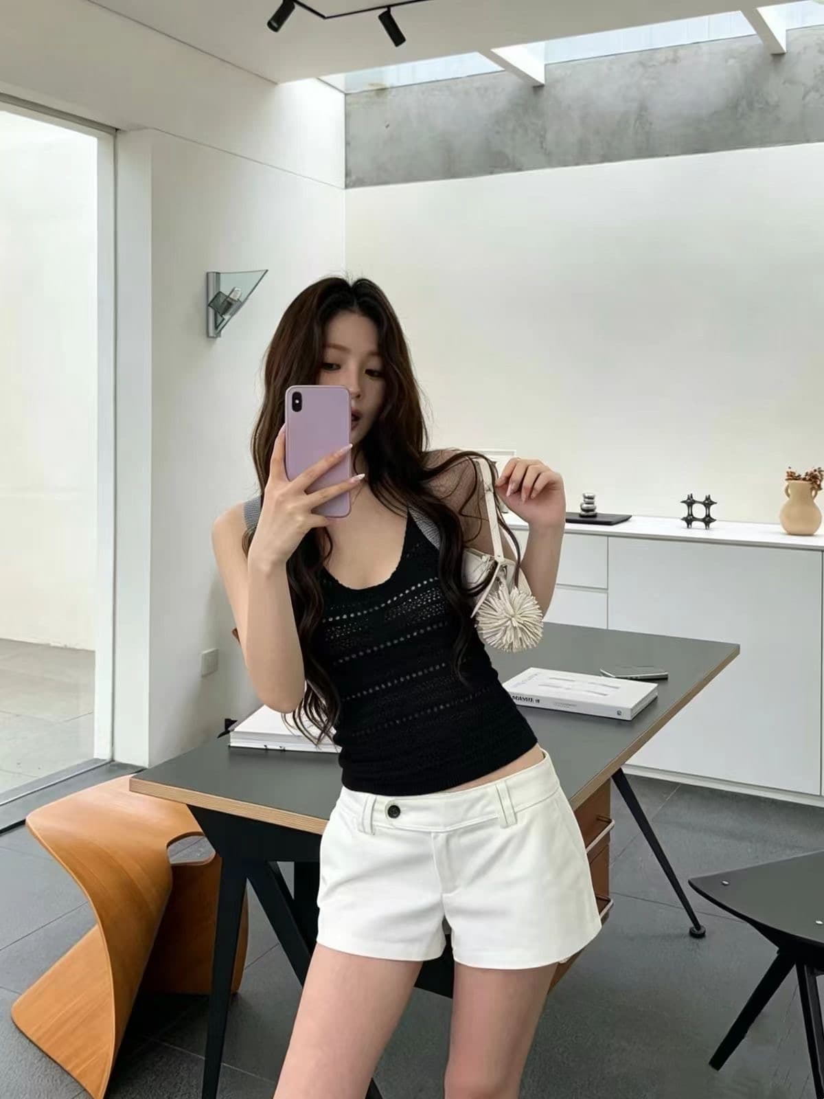 배색 핫걸 바람 행침 목 민소매 캐미솔 여름 새로운 홀로우 아웃 패션 다용도 쇼트 스타일 니트 맨위 상세 이미지 10