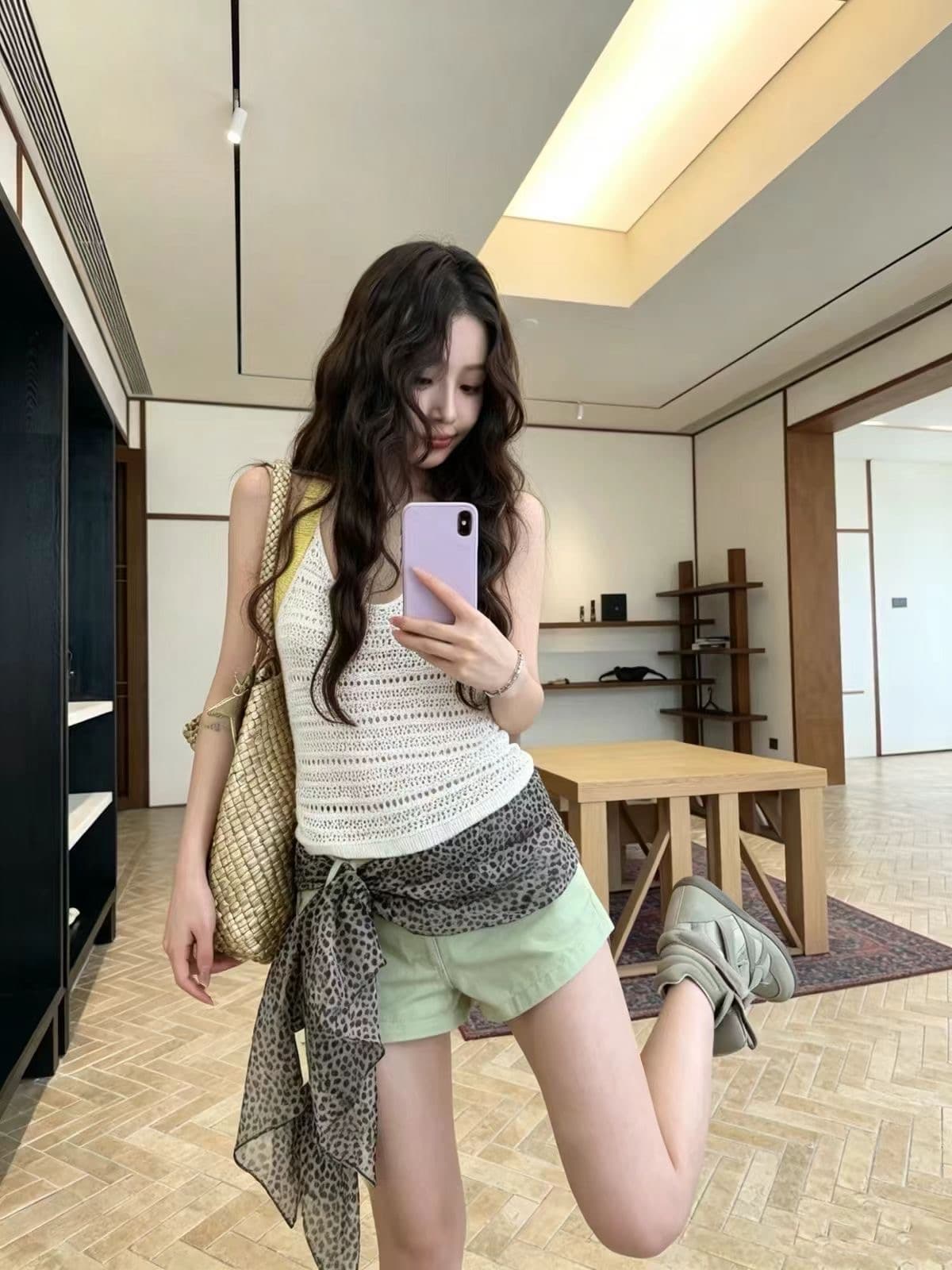 배색 핫걸 바람 행침 목 민소매 캐미솔 여름 새로운 홀로우 아웃 패션 다용도 쇼트 스타일 니트 맨위 상세 이미지 14