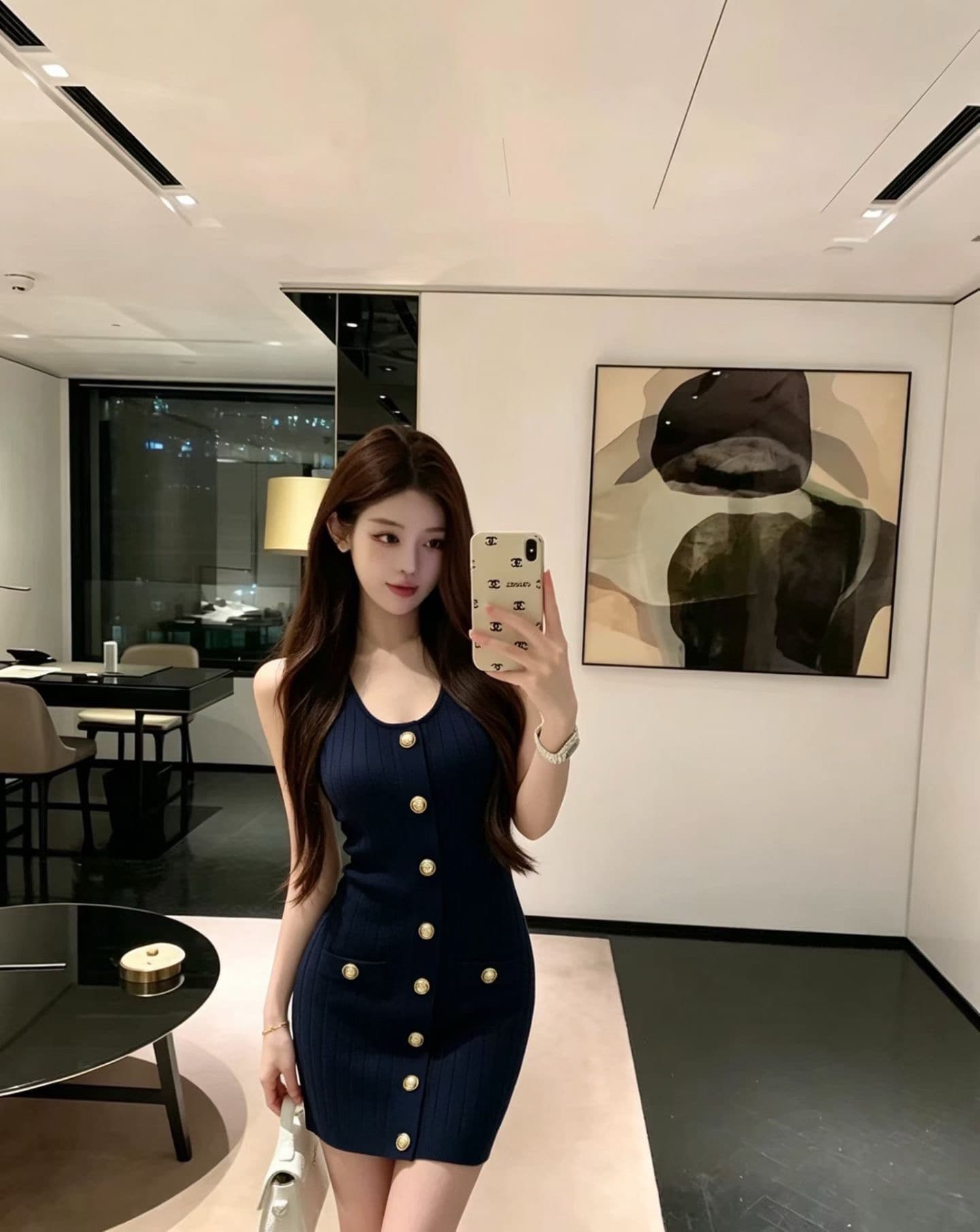 고급 프랑스식 레트로 금속 버클 품격 다용도 일상 출퇴근 수리 허리 슬림해 보이는 민소매 라운드 넥 니트 드레스 상세 이미지 3