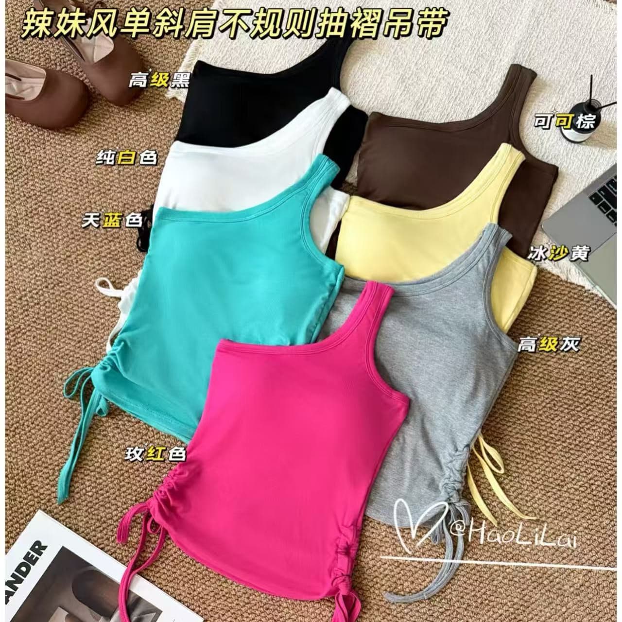 핫걸 바람이 아닙니다. 규칙 비스듬한 어깨 펌프 Pleat 캐미솔 인사이드 가져 가라. 벨트 가슴 패드 슬림해 보이는 쇼트 스타일 민소매 맨위 외출용 이미지 5
