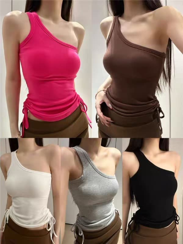 핫걸 바람이 아닙니다. 규칙 비스듬한 어깨 펌프 Pleat 캐미솔 인사이드 가져 가라. 벨트 가슴 패드 슬림해 보이는 쇼트 스타일 민소매 맨위 외출용 상세 이미지 6