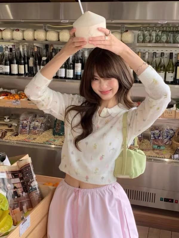 한 부서 작은 청신 바람 베이비 칼라 꽃무늬 니트 스웨터 여성 봄 가을 chao 얇은 스타일 풀오버 POLO 칼라 만나는 맨위 이미지 2