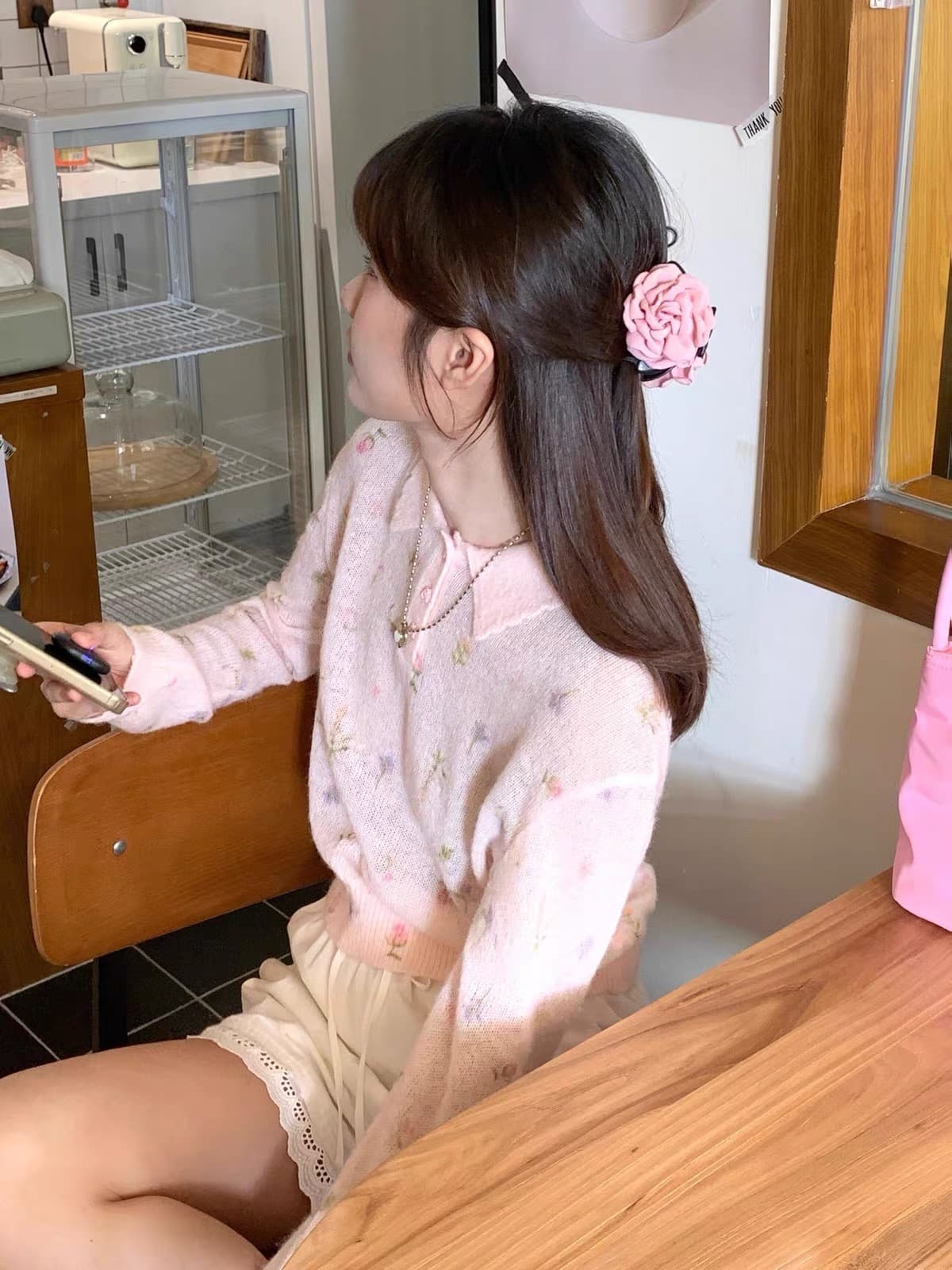 한 부서 작은 청신 바람 베이비 칼라 꽃무늬 니트 스웨터 여성 봄 가을 chao 얇은 스타일 풀오버 POLO 칼라 만나는 맨위 이미지 3