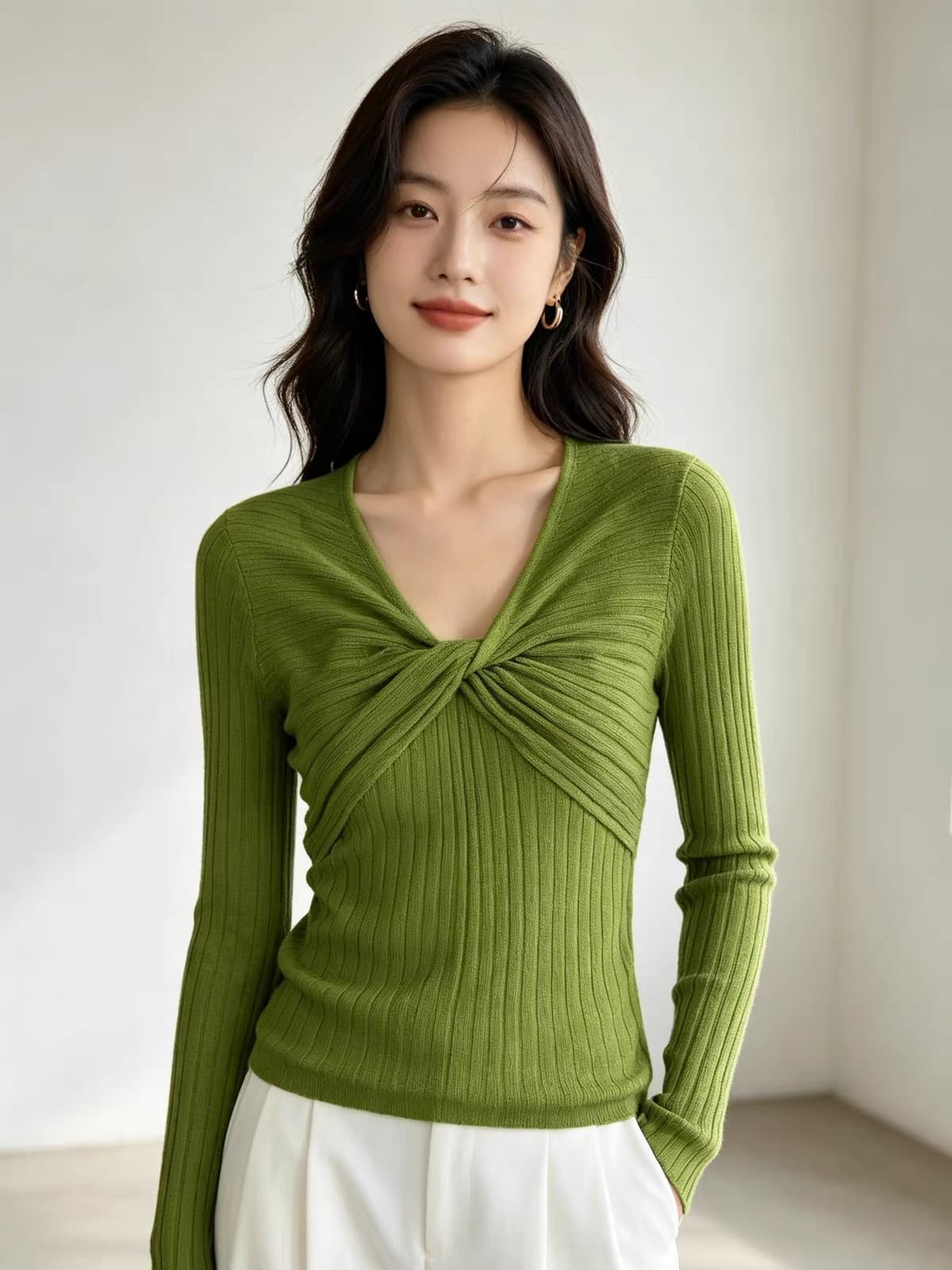 부드러운 기타 색상 시스템 십자가 비틀림 V넥 긴팔 기본 셔츠 구덩이 기사 질감 부드러운 찹쌀 프로 피부 출퇴근 인사이드 가져 가라. 이른 가을 이미지 2