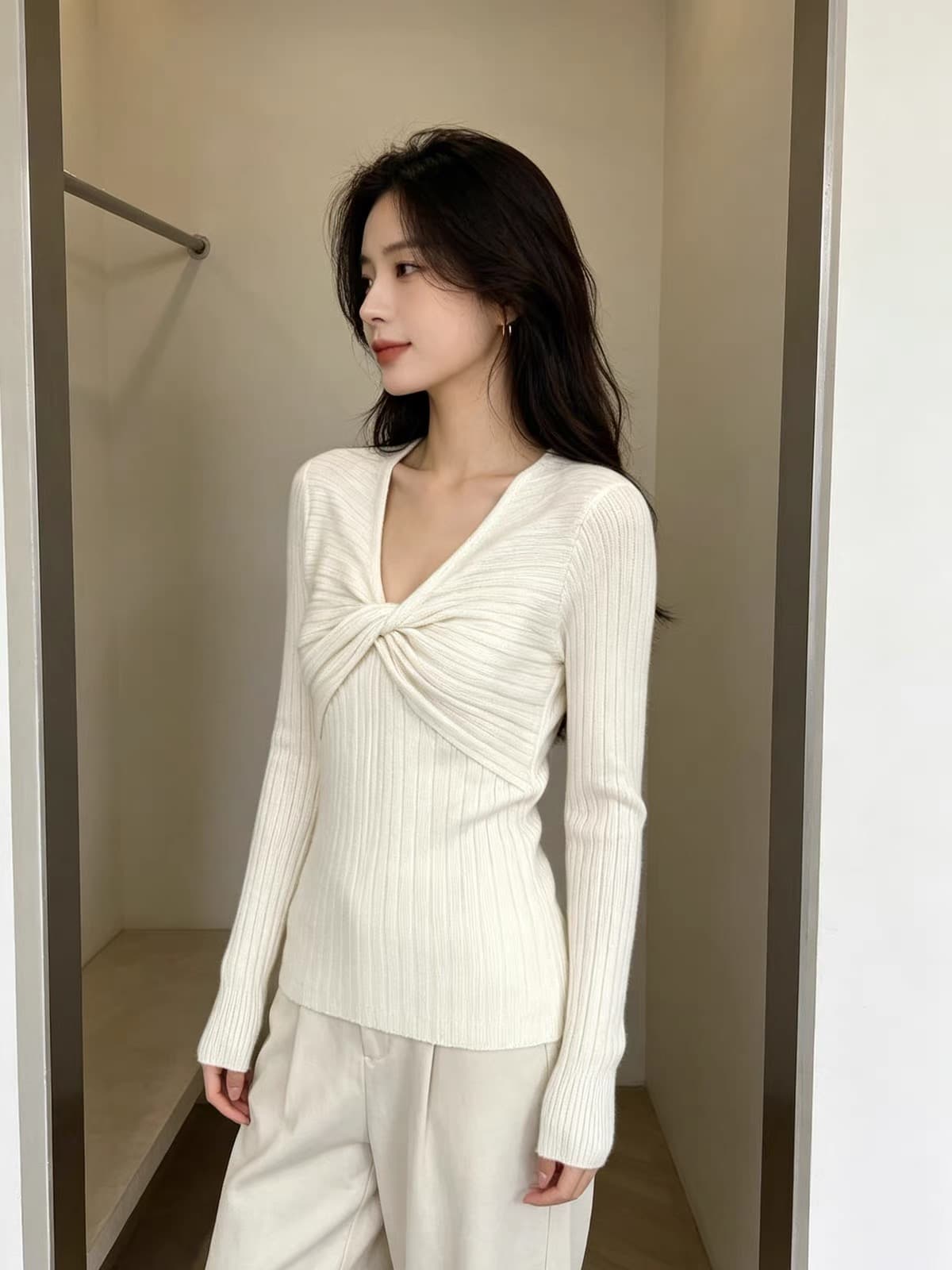 부드러운 기타 색상 시스템 십자가 비틀림 V넥 긴팔 기본 셔츠 구덩이 기사 질감 부드러운 찹쌀 프로 피부 출퇴근 인사이드 가져 가라. 이른 가을 상세 이미지 5