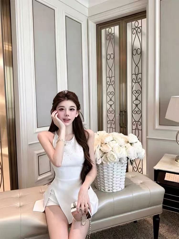 여름 순수한 욕망 바람 달콤함 천 골드 품격 무거운 작업 비즈 박기 허리 수축 니트 행침 목 슬립 측면 트임 맨위 여성 상세 이미지 3