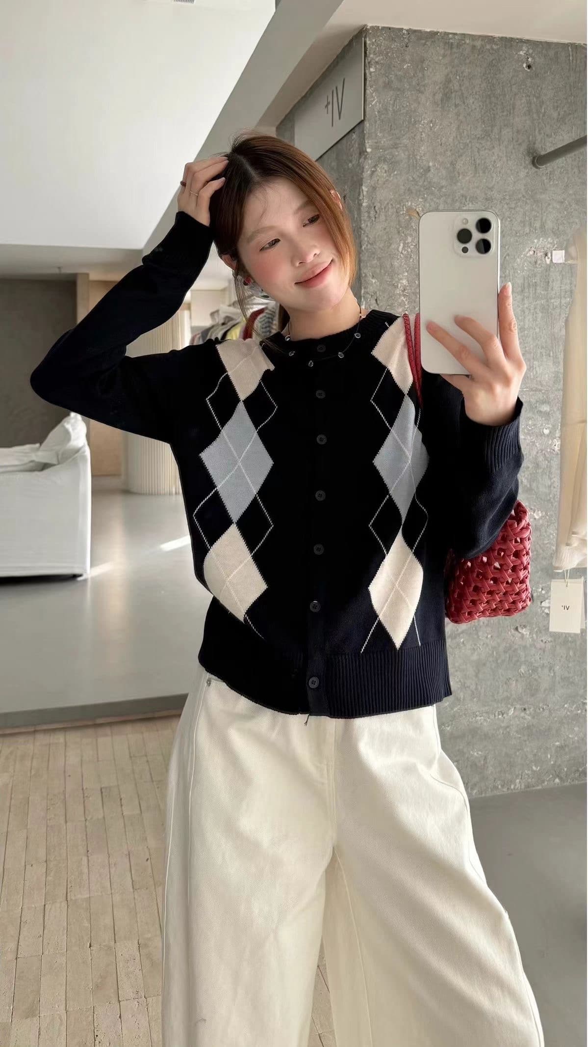 한 부서 레트로 패치워크 색상 라운드 넥 다이아몬드 모양 그리드 니트 오픈 가디건 스웨터 여성 코트 학원 스타일 긴팔 느긋한 바람 맨위 상세 이미지 1