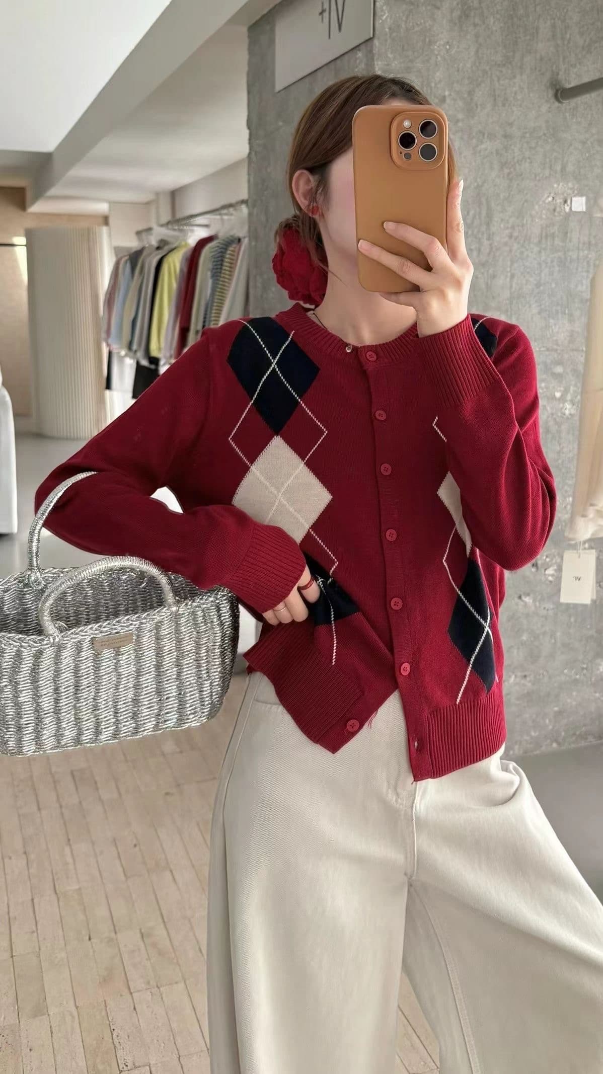 한 부서 레트로 패치워크 색상 라운드 넥 다이아몬드 모양 그리드 니트 오픈 가디건 스웨터 여성 코트 학원 스타일 긴팔 느긋한 바람 맨위 상세 이미지 2