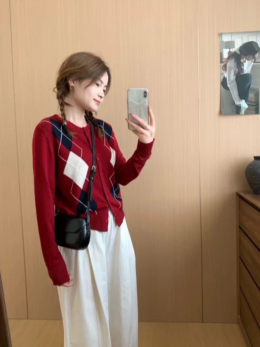 한 부서 레트로 패치워크 색상 라운드 넥 다이아몬드 모양 그리드 니트 오픈 가디건 스웨터 여성 코트 학원 스타일 긴팔 느긋한 바람 맨위 상세 이미지 4