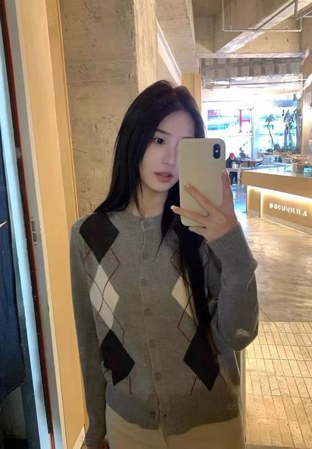 한 부서 레트로 패치워크 색상 라운드 넥 다이아몬드 모양 그리드 니트 오픈 가디건 스웨터 여성 코트 학원 스타일 긴팔 느긋한 바람 맨위 상세 이미지 5