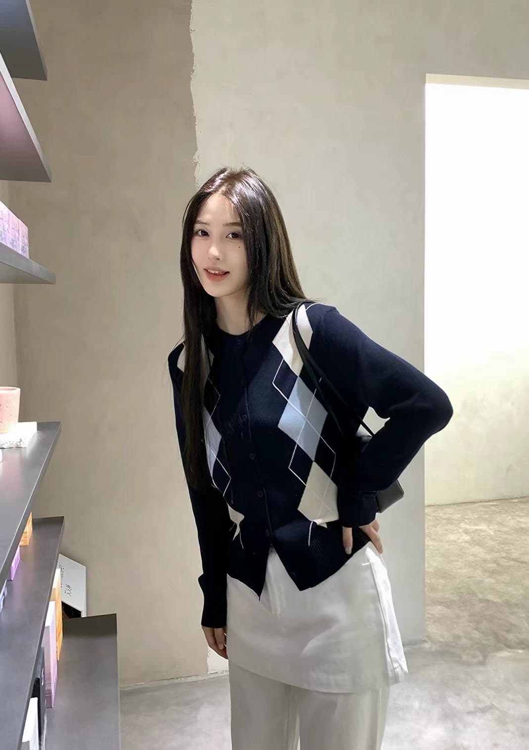 한 부서 레트로 패치워크 색상 라운드 넥 다이아몬드 모양 그리드 니트 오픈 가디건 스웨터 여성 코트 학원 스타일 긴팔 느긋한 바람 맨위 상세 이미지 7