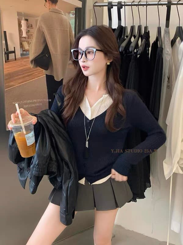 한 부서 디자인 센스 배색 패치워크 페이크 레이어드 V넥 실광택 양모 니트 스웨터 가을 슬림해 보이는 다용도 맨위 트렌디 상세 이미지 2